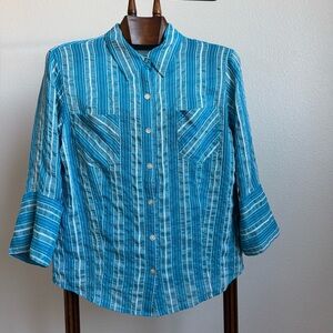 Chico’s Striped Silk Blend Button-Up Shirt Lightweight Coastal Top Size 2 (M/L)